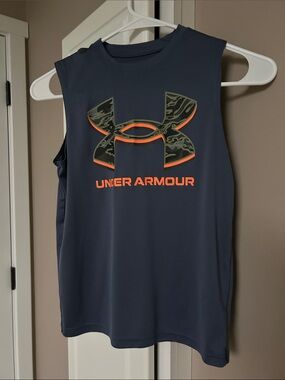 Under Armour Boys Navy Tank Top with Camo Logo and Orange Trim